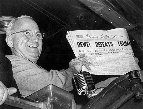 Curwood Castle Famous photo of President Harry Truman holding a copy of the Chicago Daily Tribune after he won reelection.